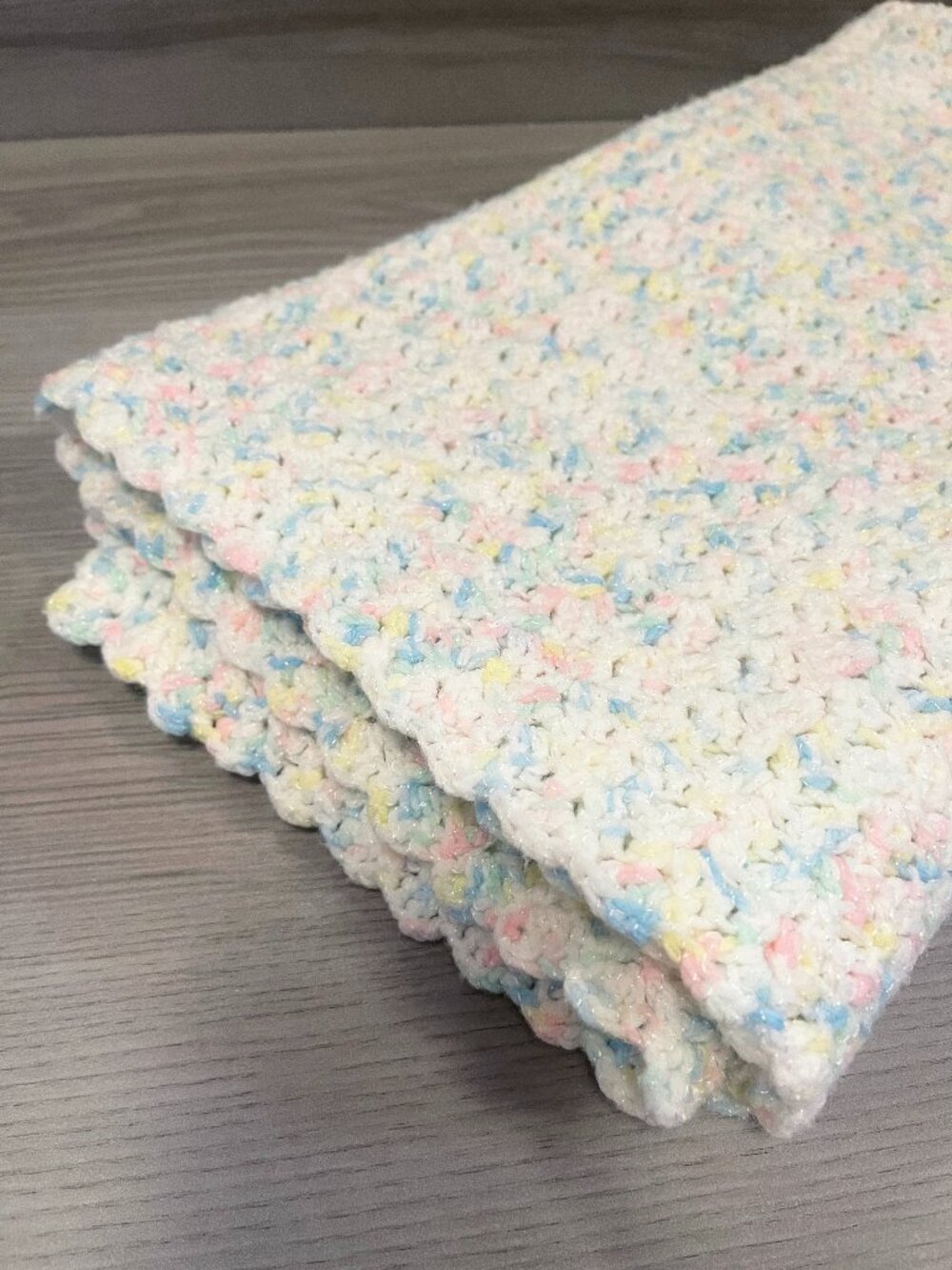 Handmade Crochet Baby Blanket White Pastel Rainbow 38” x 34” Baby Shower
